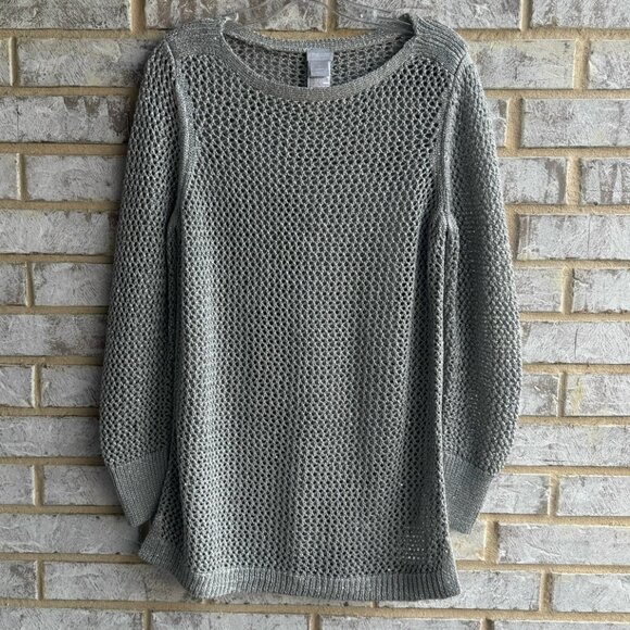 Chico's Long Sleeve Crew Neck Silver/Gray Mesh Open Knit Sweater Size 1 (M) - Picture 1 of 9
